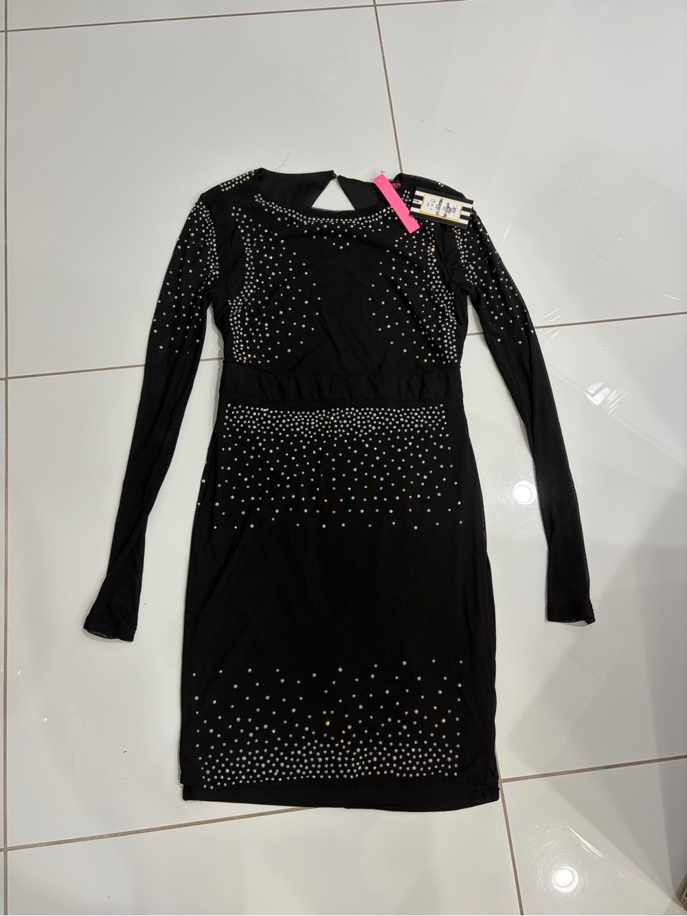 Xtaren Black Long-Sleeve Rhinestone Bodycon Dress